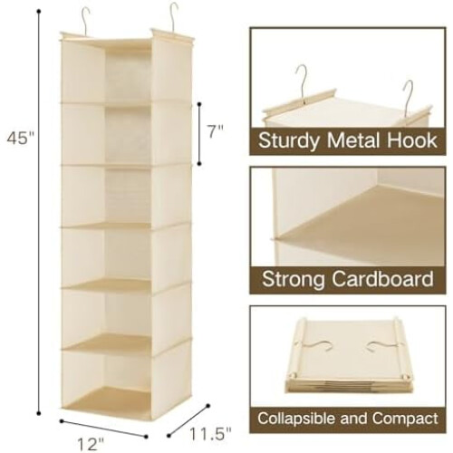6-Tier Hanging Closet Organizer with 3 Drawers, Foldable 2