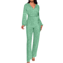 Macacão feminino Ediodpoh, modelo casual, com mangas compridas, cinto e lantejoulas. Cor: Verde Tamanho P.