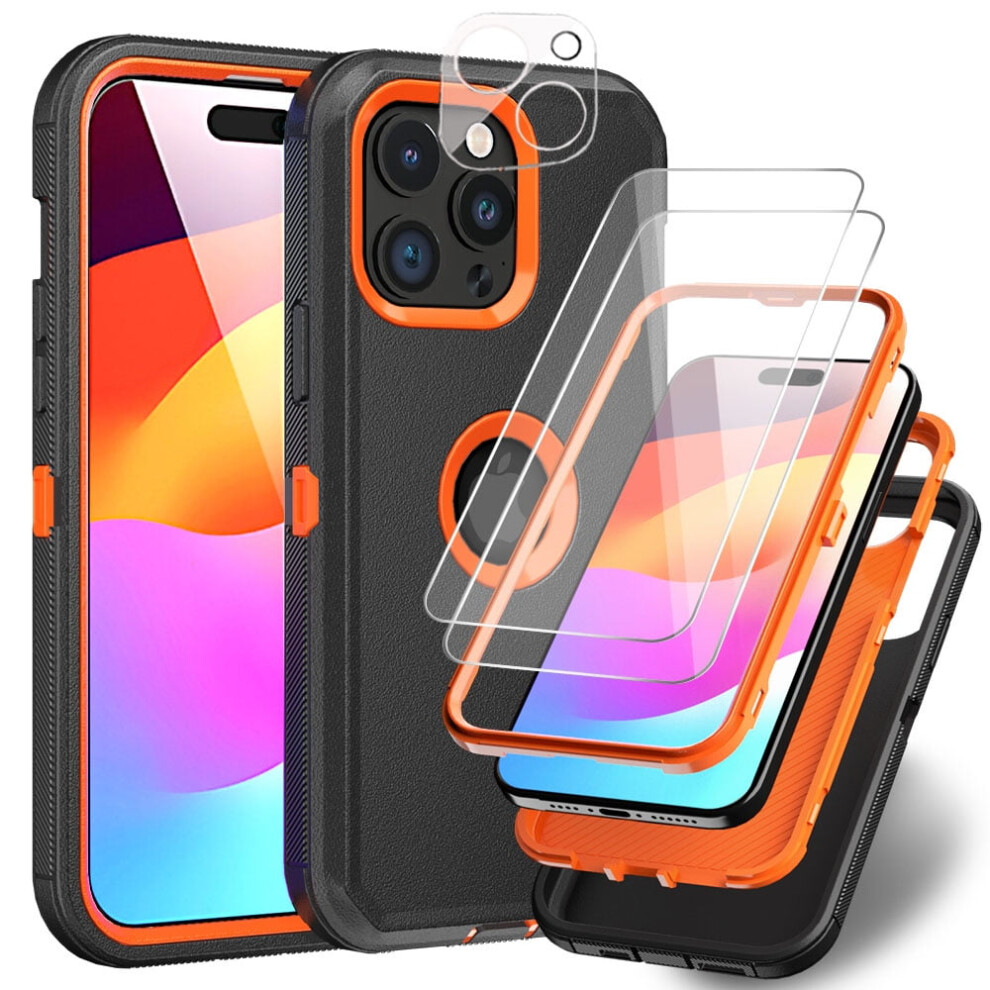 Tashhar Iphone 15 Case With Screen & Lens Protector, Military-Grade 3-In-1 Shockproof Armor Â + Black/Orange 9181073293559