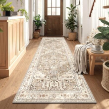 Tapis de couloir lavable 90x240 cm, antidérapant, style bohème vintage, avec envers en caoutchouc, en fausse laine à poils courts – Convient