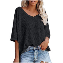 QLEICOM Hauts pour femmes T-shirts oversize unis, manches courtes, col V, coupe ample, style tunique printemps-été, noir, taille M