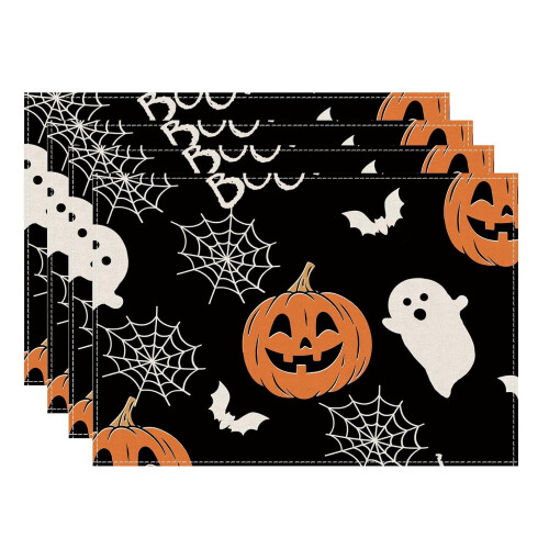 Jogo de 4 jogos americanos Boo Spooky Ghost Pumpkin para o Halloween, decoração de mesa, 30x45 cm (12x18 polegadas)