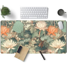 Schreibtischunterlage mit Blumenmuster in Hellgrün und Orange, XXL (80 x 40 cm), Lotus Design Gaming-Mauspad – Kompatibel mit allen Geräten