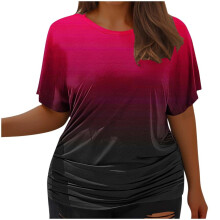 VERUGU Hauts grandes tailles pour femmes, été tendance, dégradé de couleurs, plissés, manches courtes, tuniques décontractées à col rond,