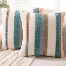 Housses de coussin bohèmes 45 x 45 cm, lot de 2, en chenille rayée, touche neutre pour canapé/lit – Bleu
