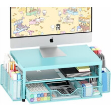 Soporte para monitor de 2 niveles con cajón y portalápices, elevador para portátil, organizador de escritorio – Azul turquesa