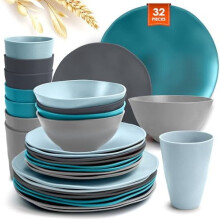 Service de table 32 pièces en plastique imitation paille de blé pour 8 personnes, vaisselle incassable idéale pour le camping et les activités de