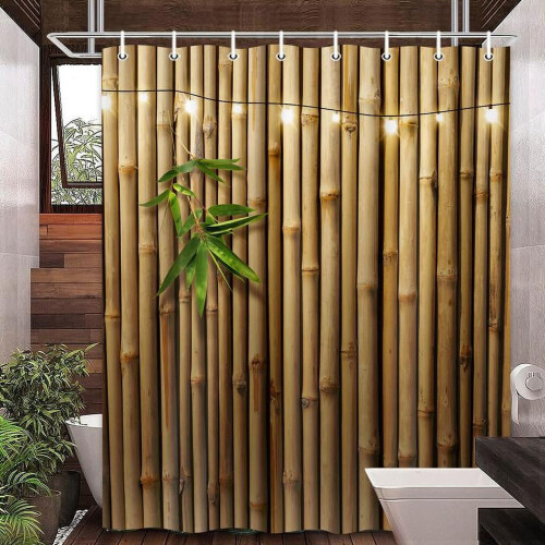 Set perdea de duș Bamboo3D, design zen japonez cu lumini, 183x199 cm, include cârlige