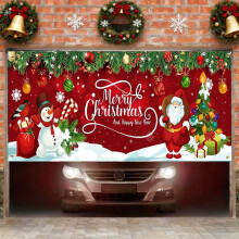 Striscione natalizio per porta del garage 7x5 piedi – Rosso "Buon Natale" con Babbo Natale e pupazzo di neve, decorazione natalizia per