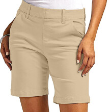 Bermuda feminina, shorts femininos, shorts casuais de verão femininos em sarja, cor sólida, com bolso, cáqui, tamanho M.