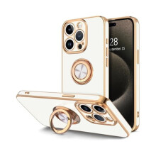 iPhone 15 Pro Hülle mit 360 drehbarem Ringständer und magnetischem Aufsteller, roségoldener Rand, weiche Luxushülle – Weiß
