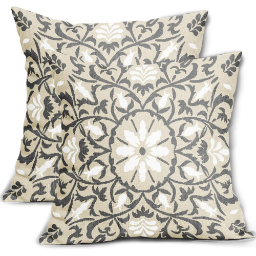 Γκρι/Λευκά Μαξιλαροθήκες Boho 20x20", Vintage Λουλούδι, Λινά Τετράγωνα Μαξιλαροθήκες,