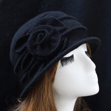 Gorro elegante de lana con flores para mujer, estilo vintage, tipo cloche, tipo cubo, gorra de béisbol, color negro.
