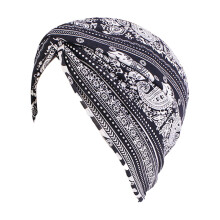Damesmuts van zacht katoen met etnische print, elastische muts/hoofddoek/bandana/tulband/hoed voor hoofdverlies - Zwart