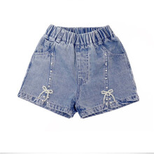 Blauwe denim shorts voor meisjes met elastische tailleband en strikje, maat 3–4