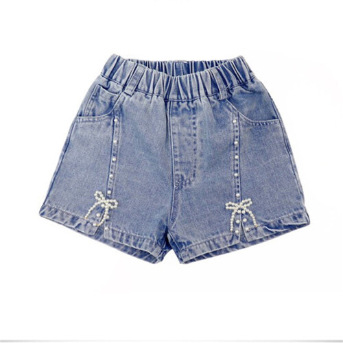 Blå denimshorts til jenter med elastisk midje og sløyfekant 3–4