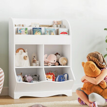Bibliothèque enfant avec rangements cubiques en bois et 4 bacs, blanche