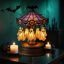 Nachtlampje in de vorm van een spookcarrousel – Lamp in de vorm van een circustent met glas-in-lood, Halloween-decoratie met