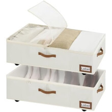 Under Bed Storage with Wheels, 10" Underbed Storage Containers with Lid, 90L Clothes Organizer for Blankets, Sweaters, Bedding, 2-Pack, Beige