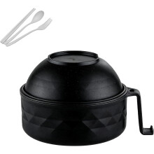 Microwave Ramen Noodle Bowl with Lid - Complete Set with Chopsticks, Spoon, Fork and Handled Soup Pot for Instant Meals & Solo Dining (Black)