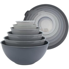 Mixing Bowls Set with TPR Lids - 12 Piece Plastic Nesting Bowls Set includes 6 Prep Bowls and 6 Lids, Microwave Safe (Grey)