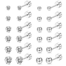 12 Pairs 316L Stainless Steel Earrings 2-7mm Cubic Zirconia Stud Earrings Round Ball Earring for Women Men, Silver