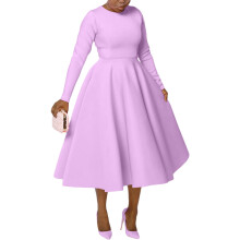 Vestido de mujer liso morado con mangas abullonadas, cuello redondo y manga larga.
