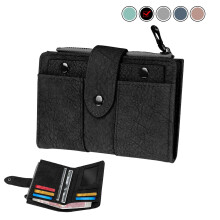 Leather Bifold Wallet for Women – RFID Blocking, Zipper Closure, ID Window, Snap, Portable Card Holder – Black/Gray