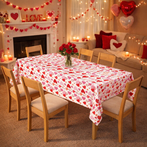 Valentine's Day Plastic Tablecloth 108x54in Red Heart Design