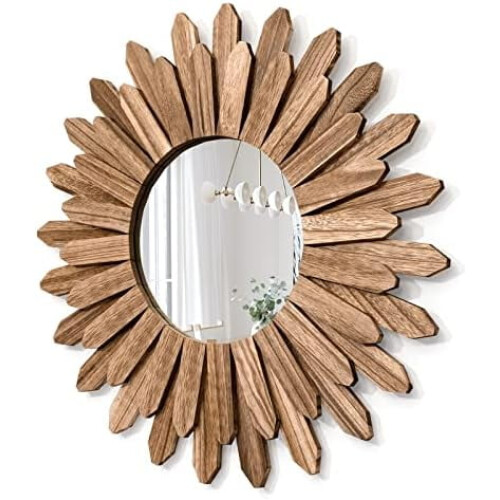 Espelho de parede decorativo rústico de madeira de 53 cm (21 polegadas) com estética boho para decoração de quarto e sala de estar, estilo
