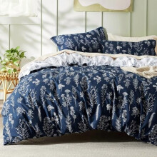Queen Duvet Cover Set, Reversible Navy Blue Floral, 3-Pc with Zipper, 8 Corner Ties & 2 Shams