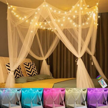 White 8-corner bed canopy with 24-color star LED lights, remote & timer—compatible with Twin, Full, Queen, King beds