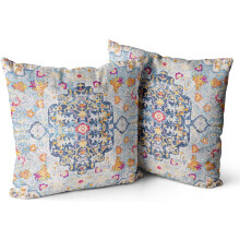 Povlaky na polštáře v boho stylu 18x18", sada 2 ks, spálená modrá/žlutá/terakotová/rezavá, oboustranné, bez vložek, do