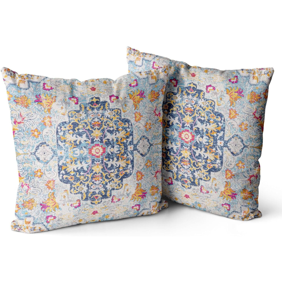 Boho Throw Pillow Covers 18X18", Set Of 2, Burnt /Terracotta/Rust, Double-Sided, No Inserts, For Bedroom/Living Room/Sofa Blue/Yellow