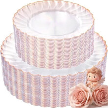 100PCS Rose Gold Scalloped Plastic Plates: 50 Dinner + 50 Dessert, Heavy Duty, Clear Rose, Disposable, Wedding & Baby Shower