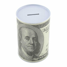 Spaarpot in de vorm van een biljet van $100 (6,5 inch hoog), blikken pot voor het sparen van munten en bankbiljetten.