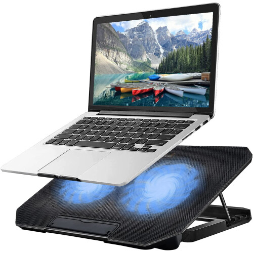 Base de resfriamento para notebook gamer de 11 a 15,6 polegadas com 2 ventoinhas tipo turbina e 4 ângulos de ajuste (preta)