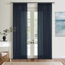 Pinch Pleated Navy Linen Curtains, 84" Long, 2 Panels, Light Filtering, Back Tab, Farmhouse/Boho Style