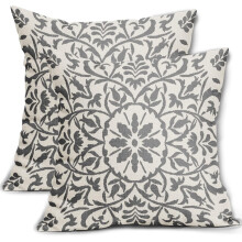 Hellgraue Boho-Kissenbezüge (40 x 40 cm), Vintage-Blumenmuster, Leinen, Landhausstil, für Sofa/Bett, 2er-Set