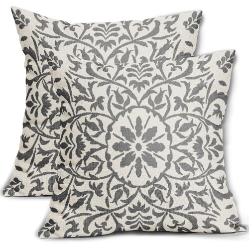 Μαξιλαροθήκες σε ανοιχτό γκρι χρώμα boho 16x16", vintage λινό με λουλούδια, διακόσμηση