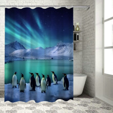 Penguins Snow Aurora Shower Curtain with Hooks, 60x72 in,