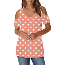 Trendige Damen-Tops, Kurzarmblusen für Damen, sommerliche, lässige Polka-Dot-Bluse mit V-Ausschnitt und kurzen Ärmeln.