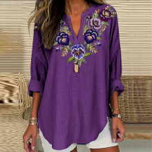 Blusa de verano de lino morado de talla grande, blusa floral de manga larga con cuello en V para mujer – Compatible con M