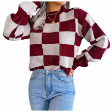 Suéteres de Natal feios para mulheres, estilo pulôver de malha xadrez contrastante para o outono e inverno.