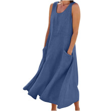 QLEICOM Maxi-jurk met U-hals van katoen-linnen voor dames, mouwloze casual zomerjurk met zakken, marineblauw, maat 4XL – geschikt voor Amerikaanse