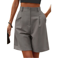 Shorts til kvinder, elegante 2025, sommer, elastiske højtaljede, vide ben, business casual arbejdsshorts med lommer, mørkegrå L