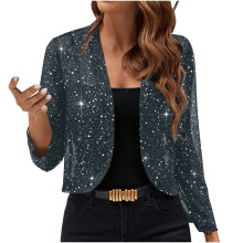 Giacca corta scintillante da donna, blazer sottile aperto sul davanti, bolero alla moda, cardigan glitterato in rete per abito da sera, grigio scuro,