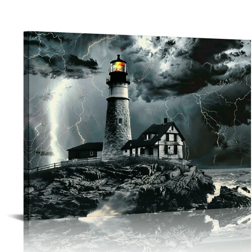 Black and White Lightning Lighthouse Canvas Art 20x16 in