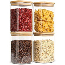 Square Glass Storage Jars with Wooden Lids, 1.2 Qt Set of 4