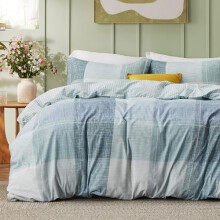 King Size Reversible Gingham Duvet Cover Set, 3-Pc Blue Buffalo Plaid with Zipper, 8 Corner Ties & 2 Pillow Shams (20"x36")